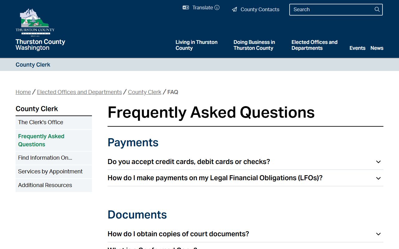 Thurston County Clerk FAQ page covering payments, copies, and filing