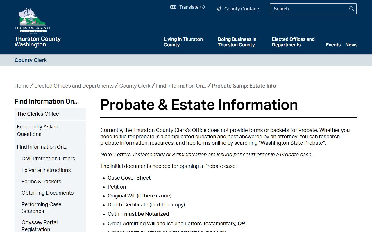 Thurston County Clerk probate estate information and fees