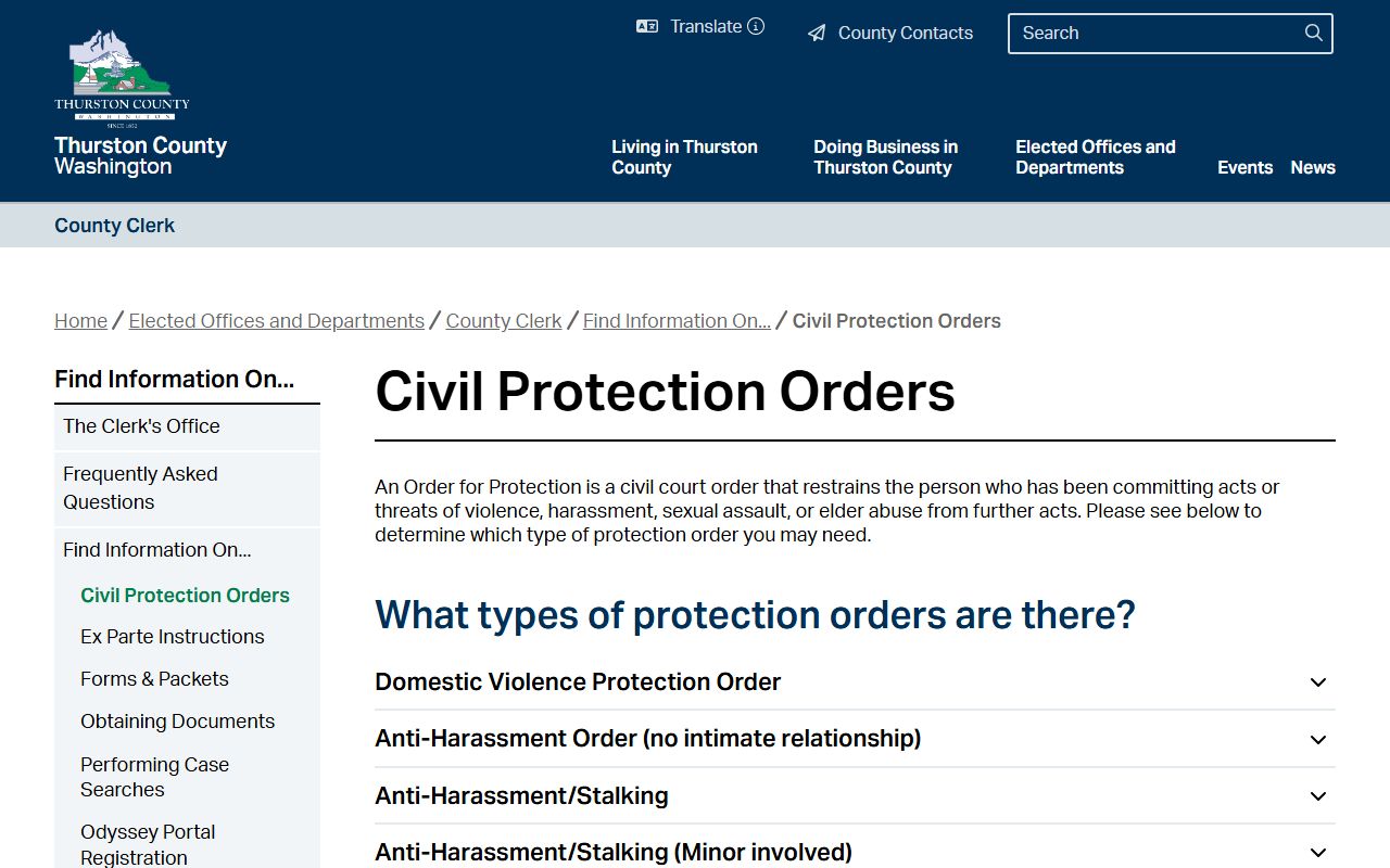 Thurston County Clerk civil protection orders page