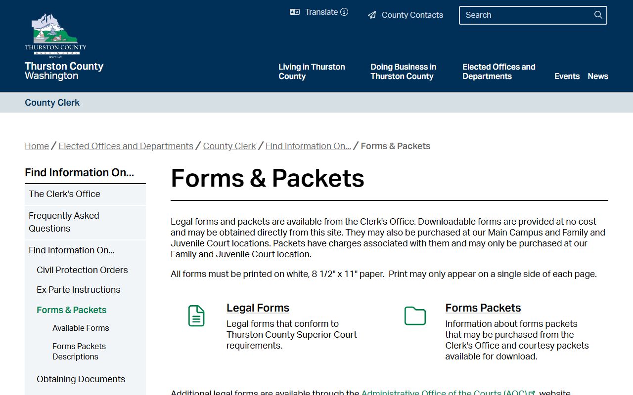 Thurston County Clerk forms and packets page for court dockets