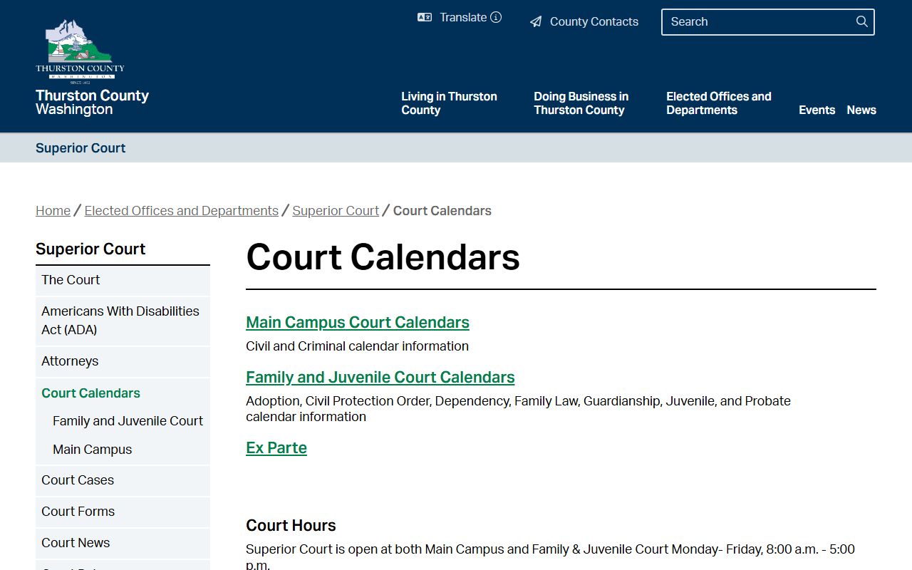 Thurston County Superior Court calendars page for court dockets