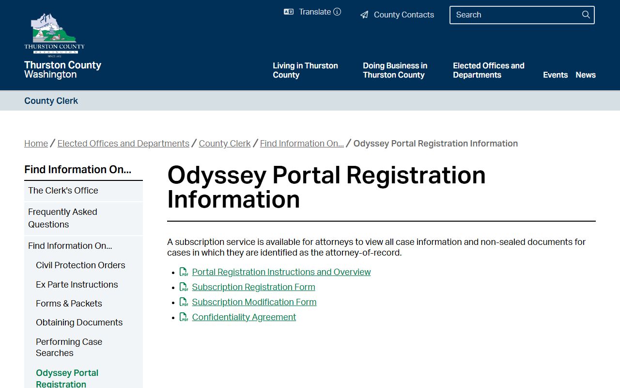 Thurston County Clerk Odyssey Portal registration page for court records access