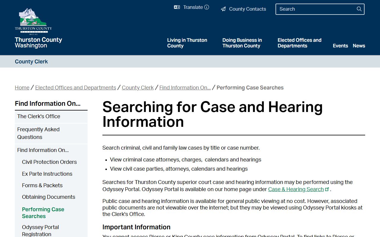 Thurston County Clerk instructions for searching court records and hearings