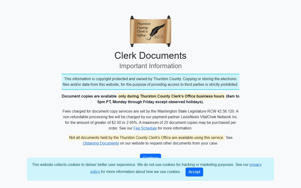 Thurston County Clerk Documents portal for buying court records