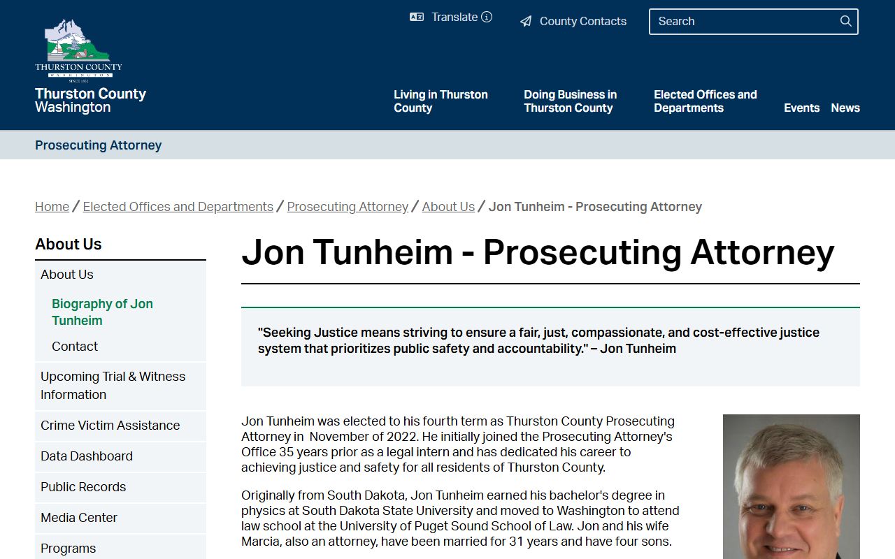 Thurston County Prosecuting Attorney Jon Tunheim page for criminal records