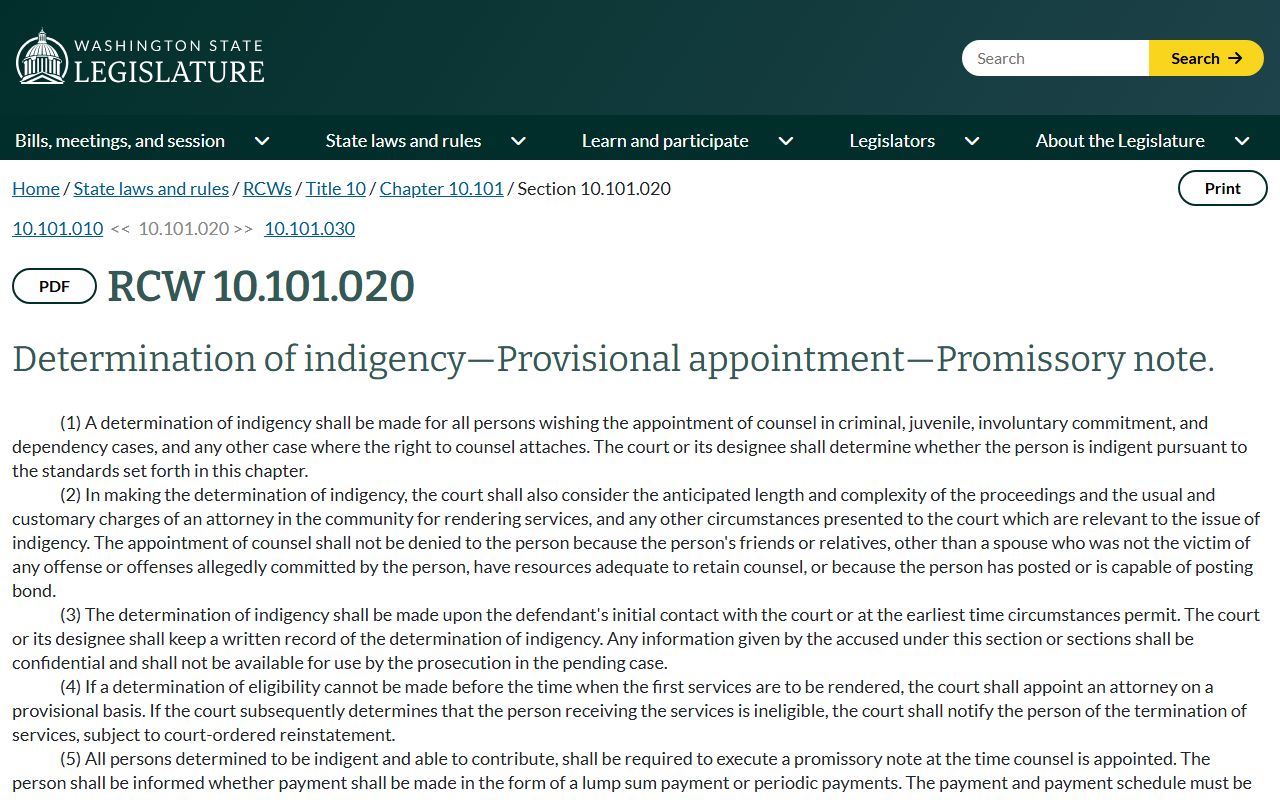 Washington RCW 10.101.020 indigency standards for Thurston County criminal records
