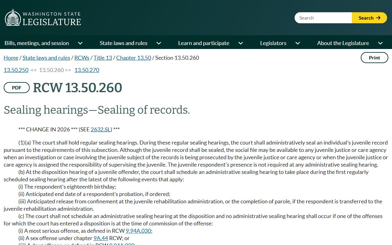 Washington RCW 13.50.260 juvenile record sealing for Thurston County arrest records