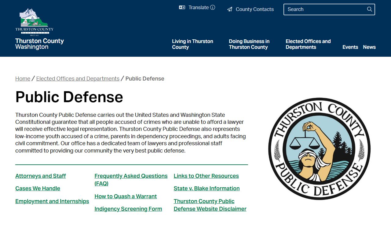 Thurston County Public Defense page for criminal records
