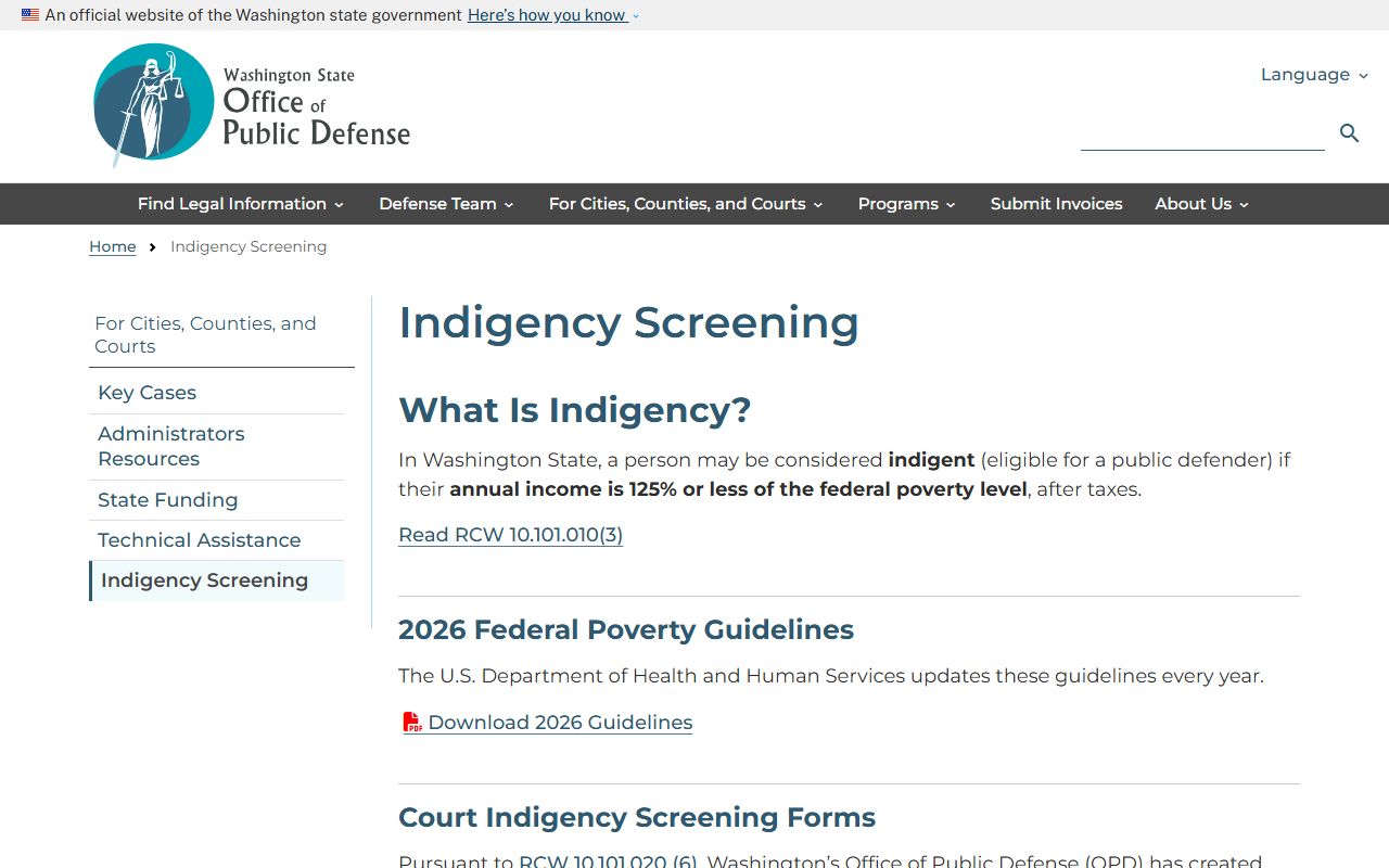 Washington Office of Public Defense indigency screening for Thurston County criminal records