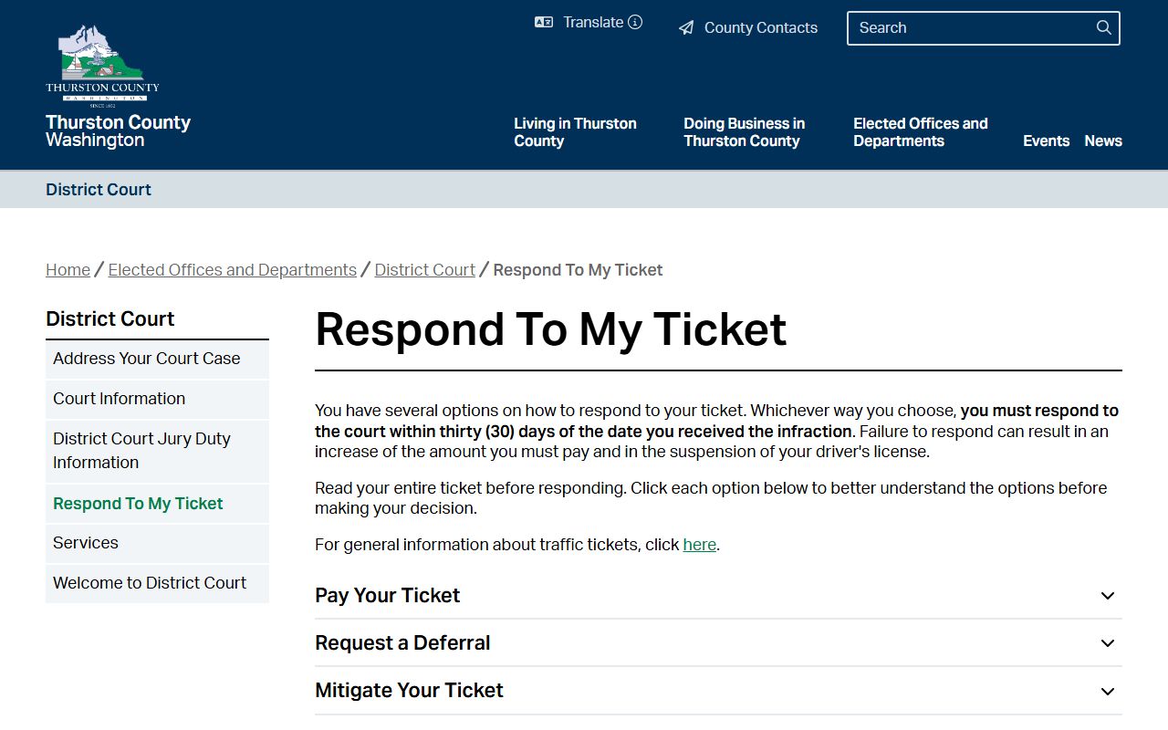 Thurston County District Court traffic ticket response page