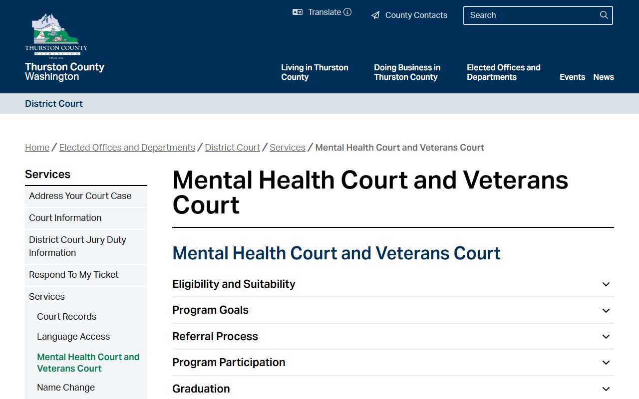 Thurston County District Court Mental Health and Veterans Court page