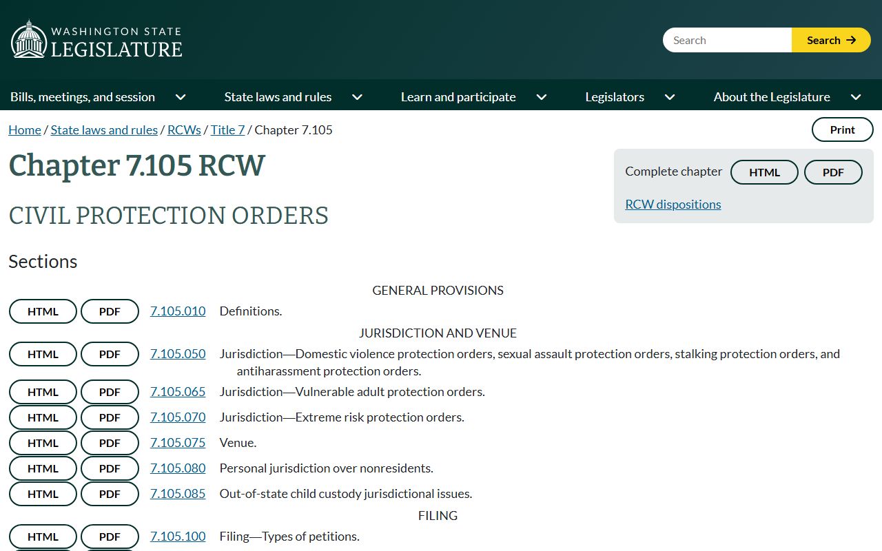Washington RCW chapter 7.105 civil protection orders