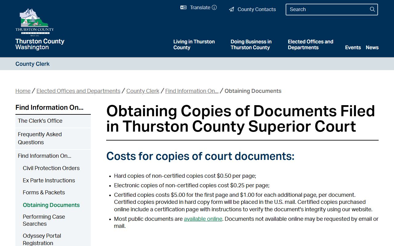 Thurston County Clerk copy request and fee page for court records