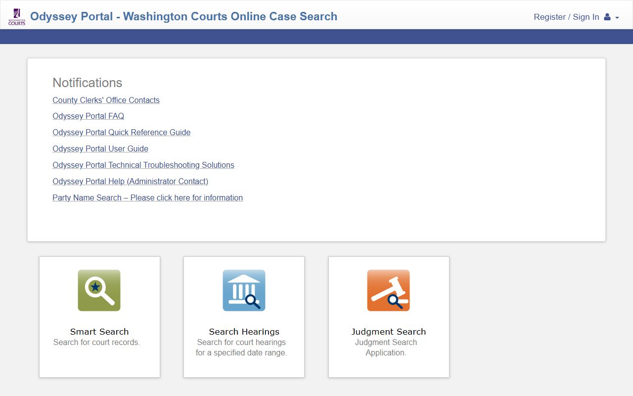 Odyssey Portal home screen for Thurston County court records search