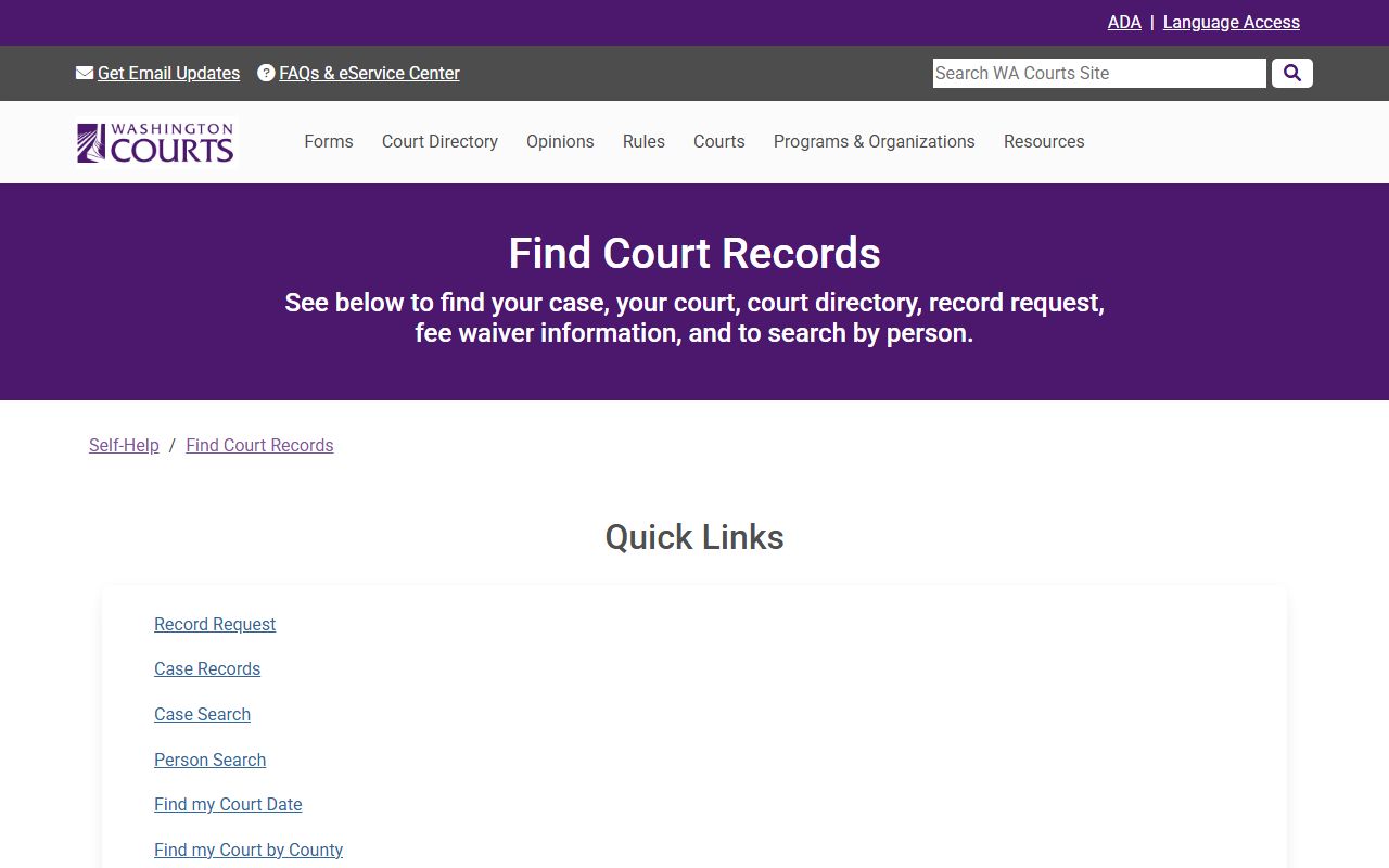 Washington Courts guide for finding Thurston County court records