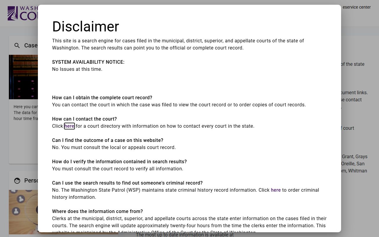 Washington Courts public case search landing page for Thurston County court records