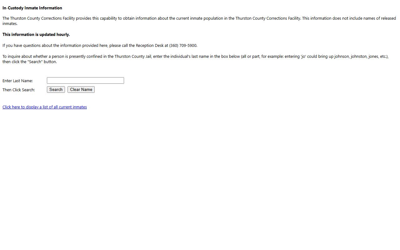 Thurston County in-custody inmate last-name search form