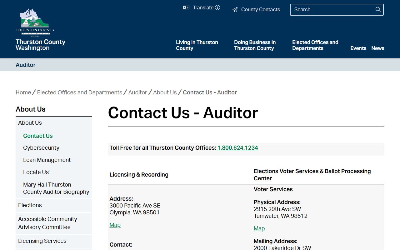 Thurston County Auditor contact information for marriage records
