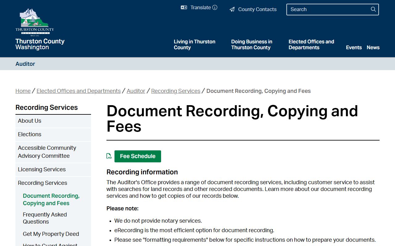 Thurston County Auditor recording and copy fees for marriage records