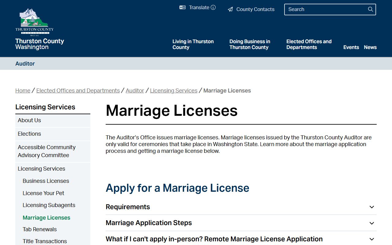 Thurston County Auditor marriage license requirements and fee