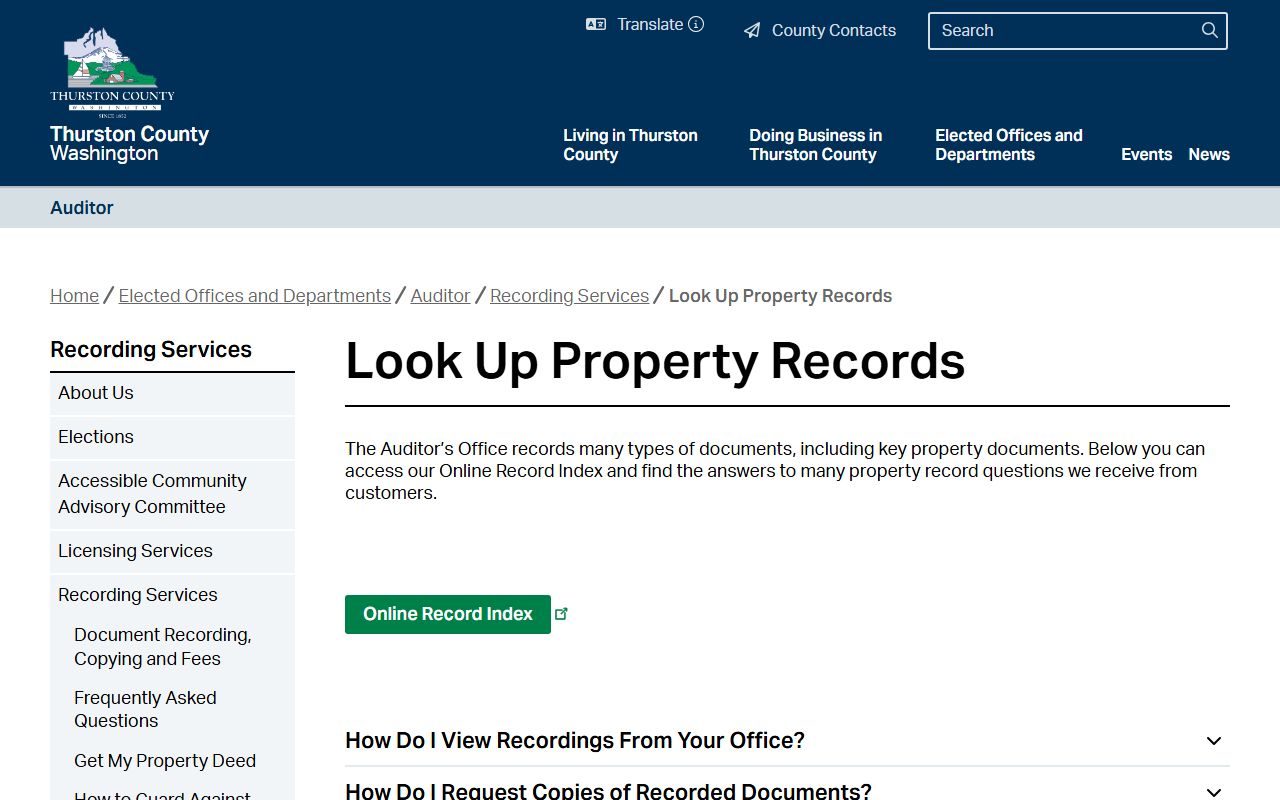 Thurston County Auditor online property and marriage record index