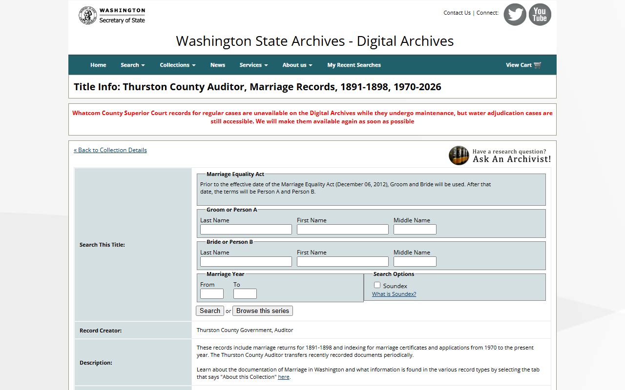 Washington State Archives Thurston County marriage records collection