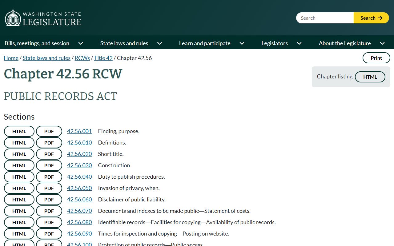 Washington Public Records Act RCW 42.56 for Thurston County public records