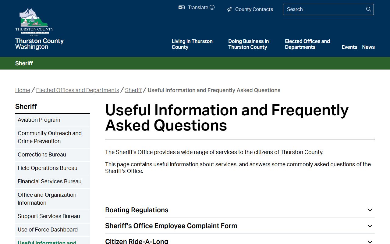 Thurston County Sheriff FAQ with VINE and offender links