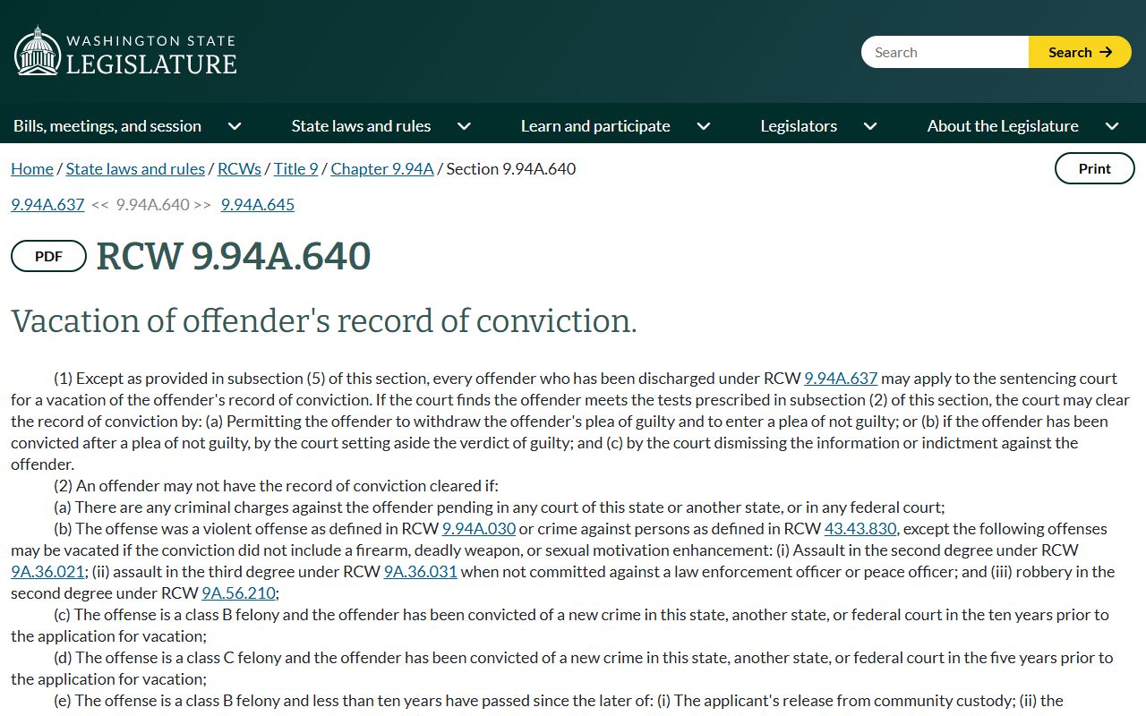 Washington RCW 9.94A.640 felony vacation for Thurston County warrant records