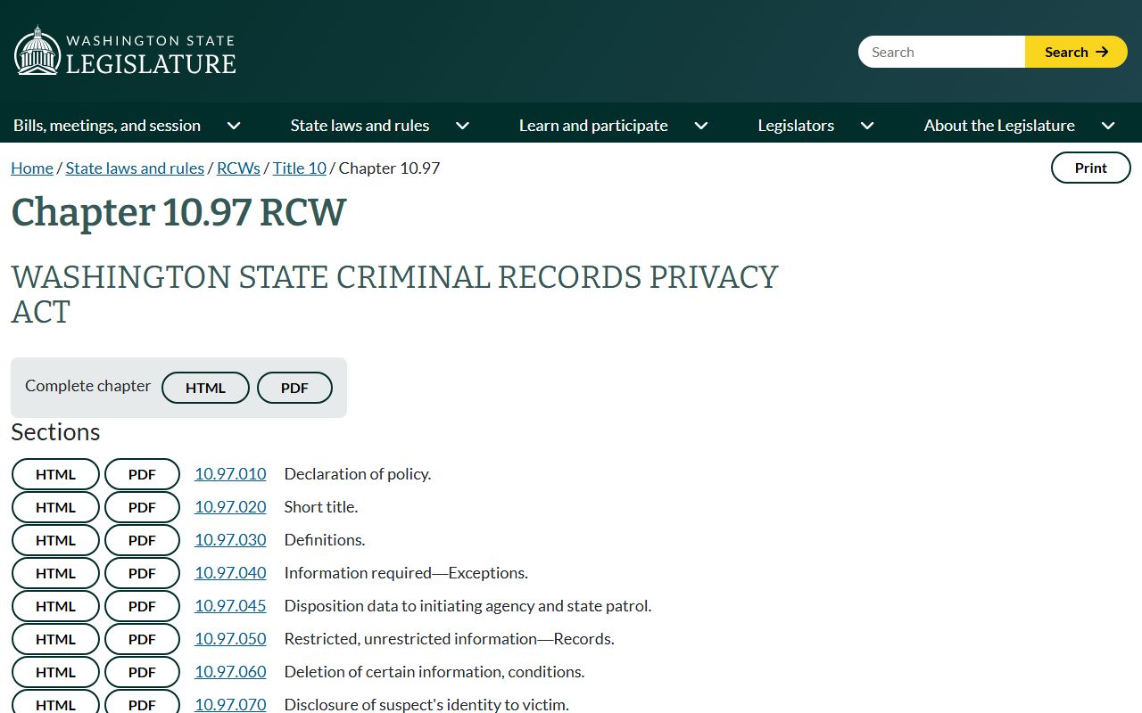 Washington RCW chapter 10.97 criminal records privacy for Thurston County warrants
